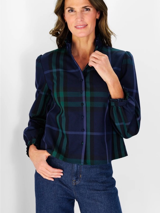 Duffield Lane Tops - Duffield Lane Women's MILLER TOP NAVY PLAID ruffle collar Size S NWT MSRP $197